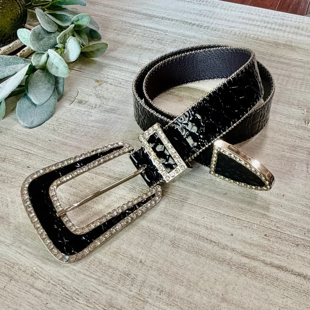 Western Faux Croc Rhinestone Buckle Belt Black Patent 99704 BP